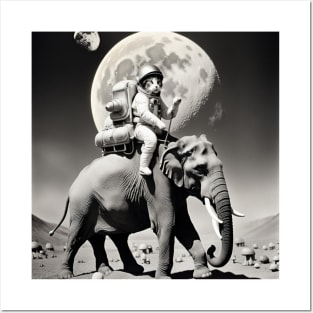 Astronaut cat riding elephant on moon Posters and Art